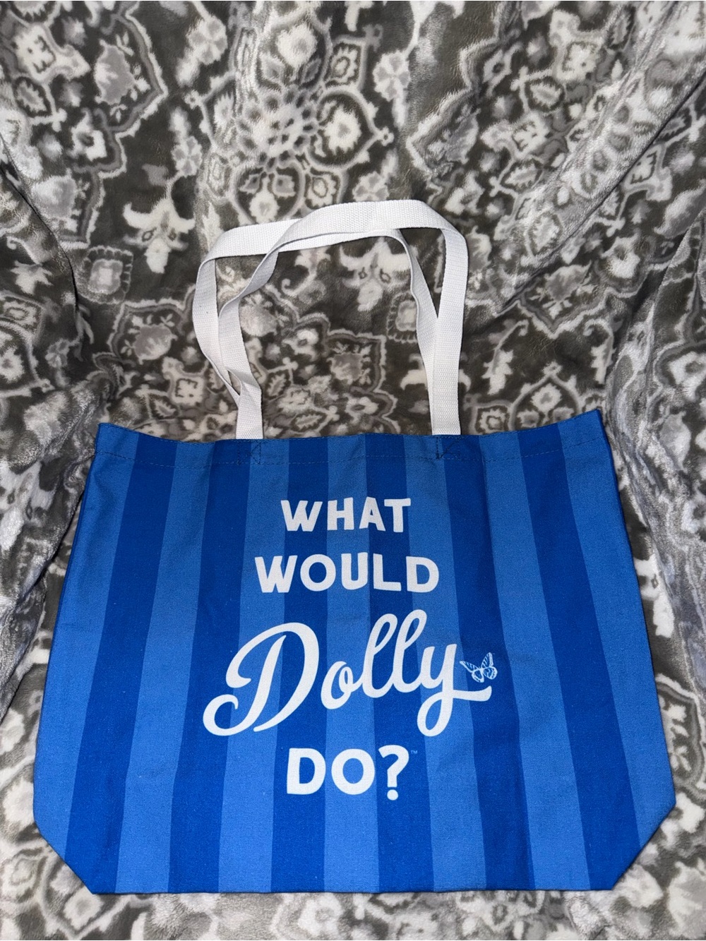 Blue 'What Would Dolly Do?' Striped Tote Bag with White Handles